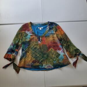 Coldwater Creek Blouse Womens Medium Multicolor Silk Tie Sleeve Art Wear Y2K